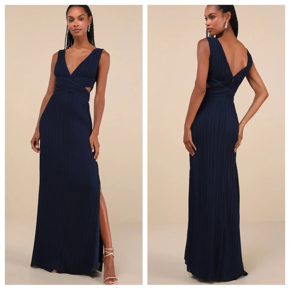 NWT Lulus Compelling Poise Navy Blue Plisse Cutout Sleeveless Maxi Dress Large - Picture 16 of 16